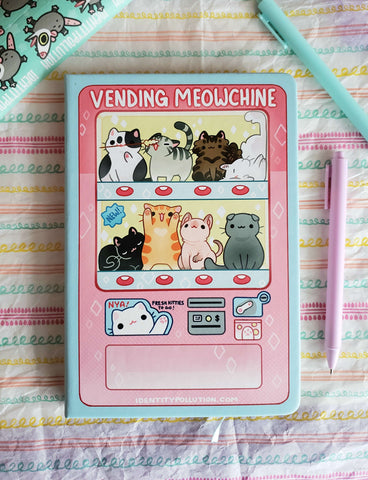 Vending Meowchine: Edge Printed - A5 Notebook - 80 Dotted Sheets - Vegan Leather